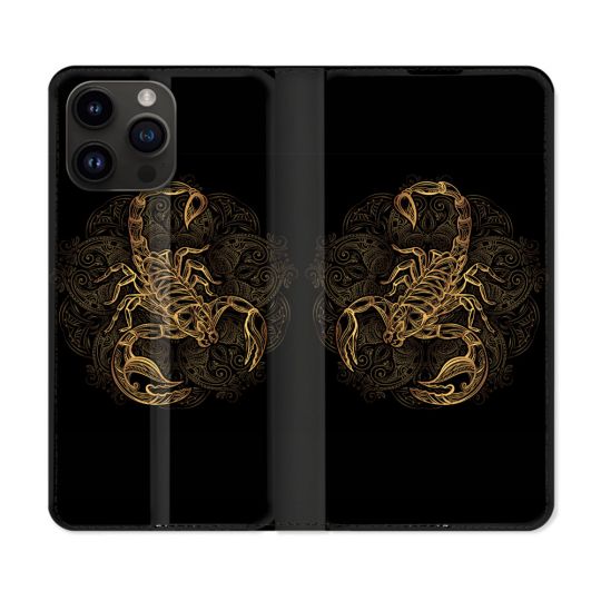 Housse Cuir Portefeuille Pour Iphone 16 Pro Plus Animal Scorpion Fresque