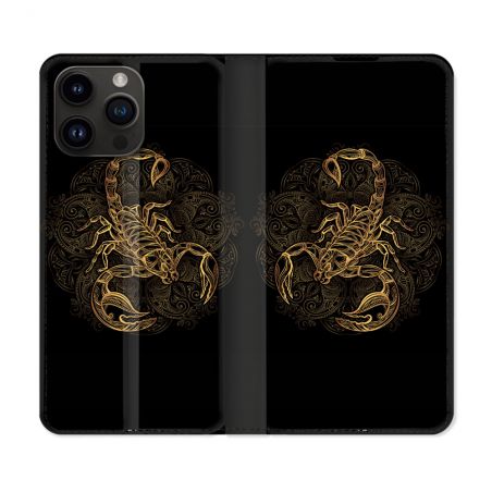 Housse Cuir Portefeuille Pour Iphone 16 Pro Plus Animal Scorpion Fresque