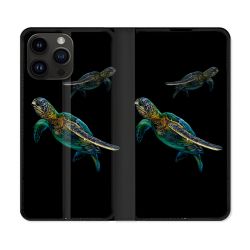 Housse Cuir Portefeuille Pour Iphone 16 Pro Plus Animal Tortue Noire multicolore