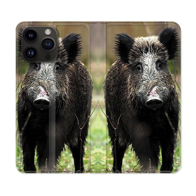 Housse Cuir Portefeuille Pour Iphone 16 Pro Plus Chasse Sanglier bois