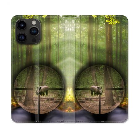 Housse Cuir Portefeuille Pour Iphone 16 Pro Plus Chasse Sanglier Viseur