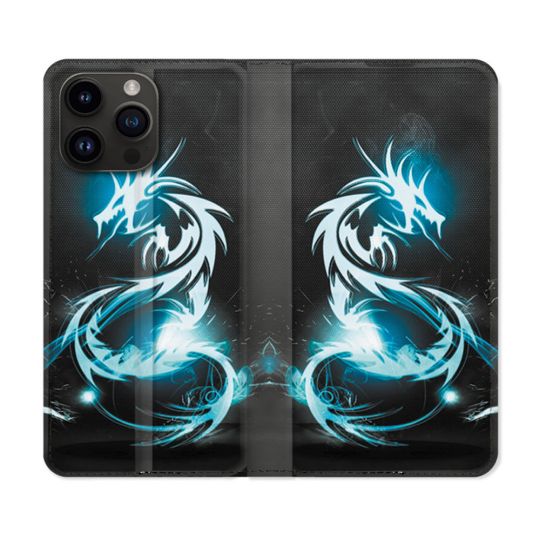 Housse Cuir Portefeuille Pour Iphone 16 Pro Plus Fantastique Dragon Bleu