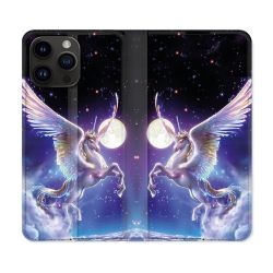 Housse Cuir Portefeuille Pour Iphone 16 Pro Plus Fantastique Licorne Céleste