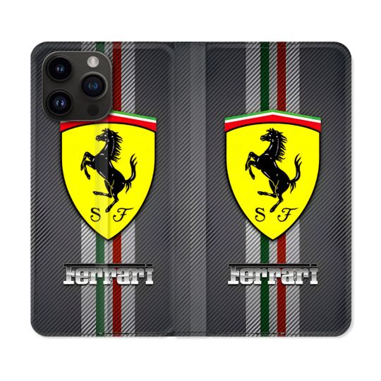 Housse Cuir Portefeuille Pour Iphone 16 Pro Plus Ferrari Carbone
