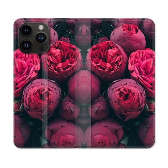 Housse Cuir Portefeuille Pour Iphone 16 Pro Plus Fleur Pivoine