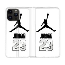 Housse Cuir Portefeuille Pour Iphone 16 Pro Plus Jordan 23 Blanc