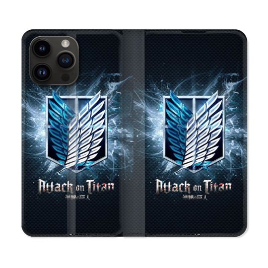 Housse Cuir Portefeuille Pour Iphone 16 Pro Plus Manga Attaque Titans Noir