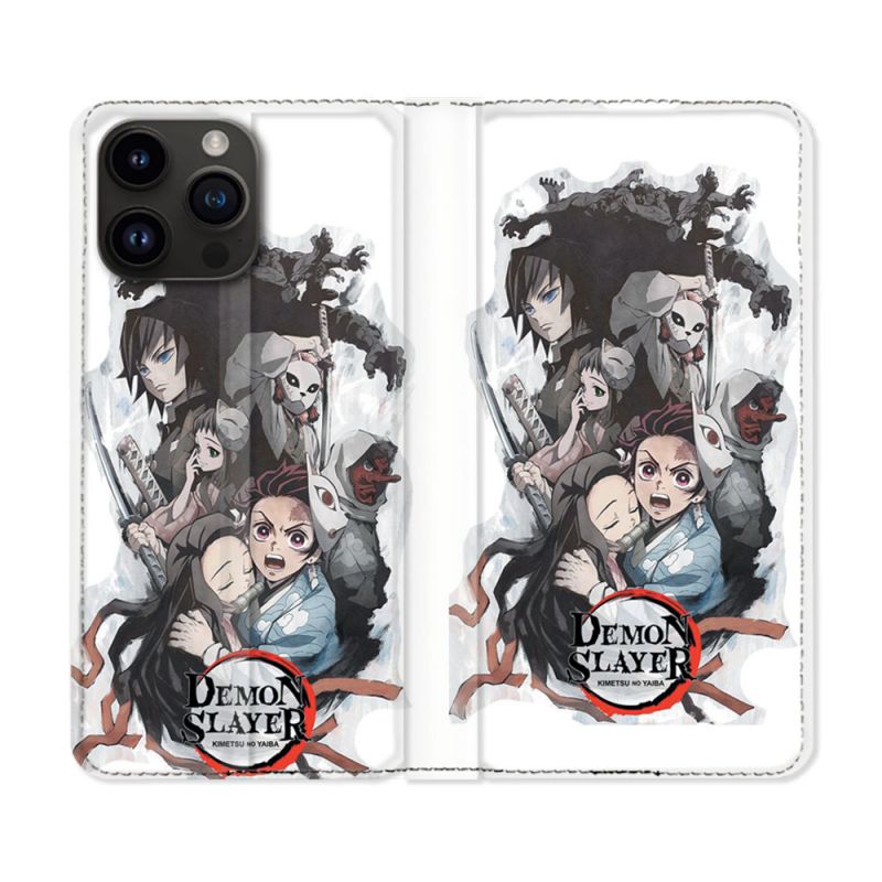 Housse Cuir Portefeuille Pour Iphone 16 Pro Plus Manga Demon Slayer Blanc