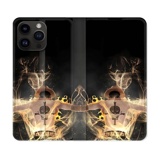 Housse Cuir Portefeuille Pour Iphone 16 Pro Plus Manga One Piece Ace Noir