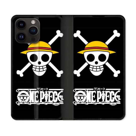 Housse Cuir Portefeuille Pour Iphone 16 Pro Plus Manga One Piece Tete de Mort