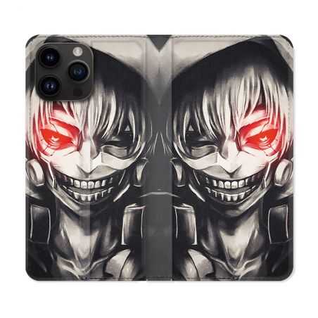 Housse Cuir Portefeuille Pour Iphone 16 Pro Plus Manga Tokyo Ghoul Kaneki Noir