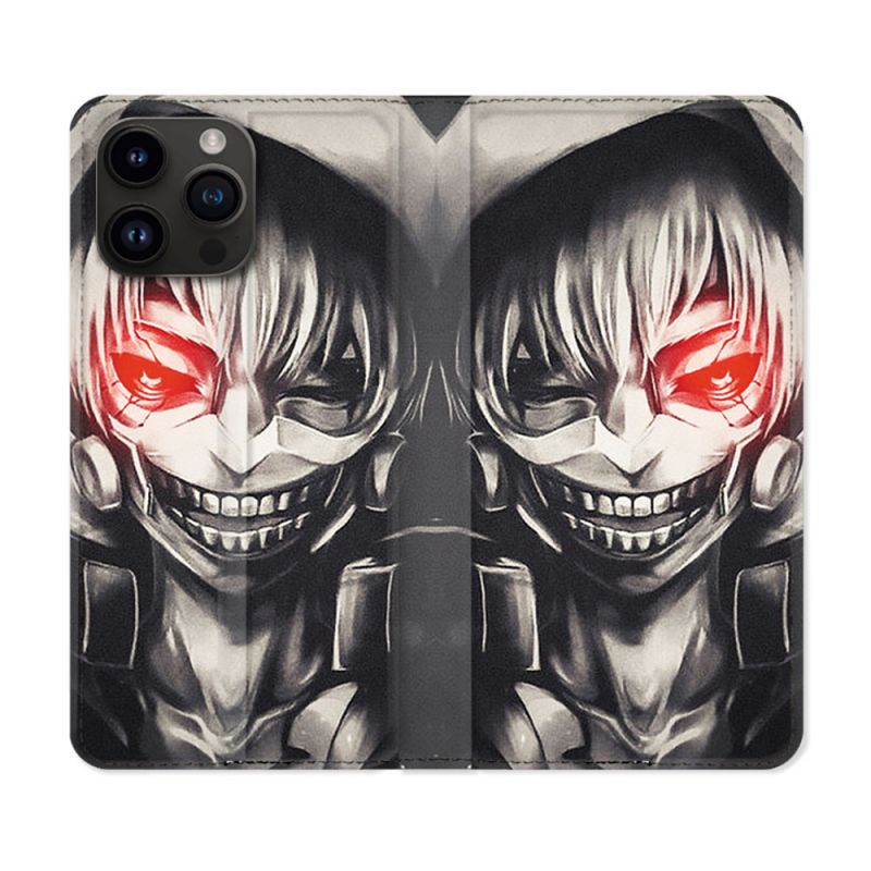 Housse Cuir Portefeuille Pour Iphone 16 Pro Plus Manga Tokyo Ghoul Kaneki Noir