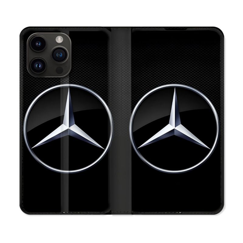 Housse Cuir Portefeuille Pour Iphone 16 Pro Plus Mercedes Carbone