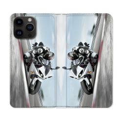 Housse Cuir Portefeuille Pour Iphone 16 Pro Plus Moto Course GP Blanche