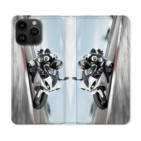 Housse Cuir Portefeuille Pour Iphone 16 Pro Plus Moto Course GP Blanche