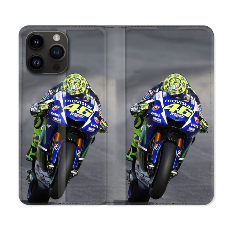 Housse Cuir Portefeuille Pour Iphone 16 Pro Plus Moto Course GP Wheeling 46
