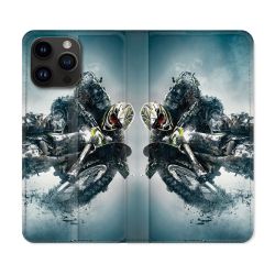 Housse Cuir Portefeuille Pour Iphone 16 Pro Plus Moto Cross Ombre