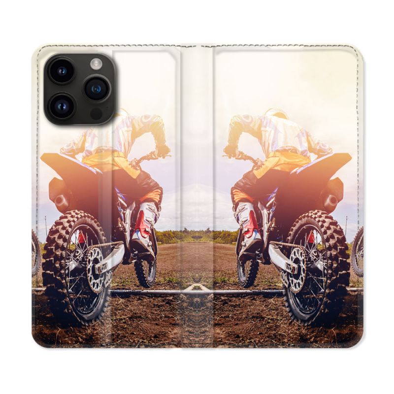 Housse Cuir Portefeuille Pour Iphone 16 Pro Plus Moto Cross Soleil