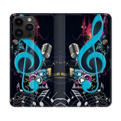 Housse Cuir Portefeuille Pour Iphone 16 Pro Plus Musique Cle Sol Bleu