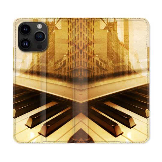 Housse Cuir Portefeuille Pour Iphone 16 Pro Plus Musique Piano Retro