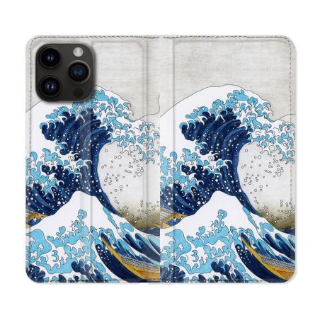 Housse Cuir Portefeuille Pour Iphone 16 Pro Plus Peinture La Grande Vague