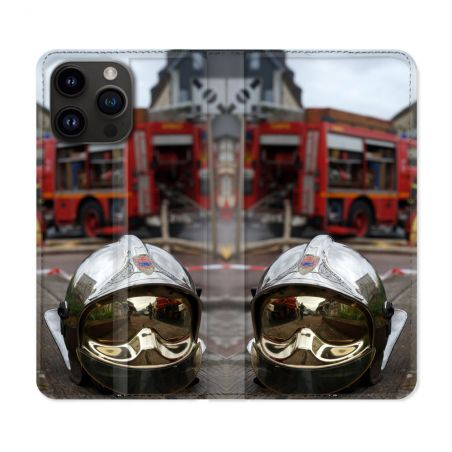 Housse Cuir Portefeuille Pour Iphone 16 Pro Plus Pompier Casque Camion