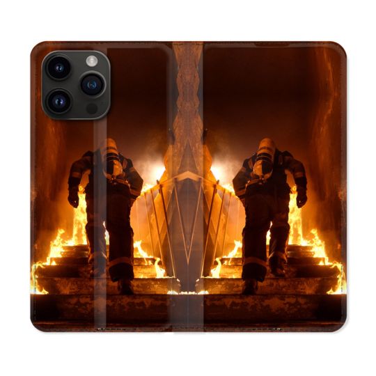 Housse Cuir Portefeuille Pour Iphone 16 Pro Plus Pompier Escalier