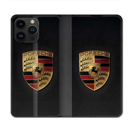 Housse Cuir Portefeuille Pour Iphone 16 Pro Plus Porsche Carbone