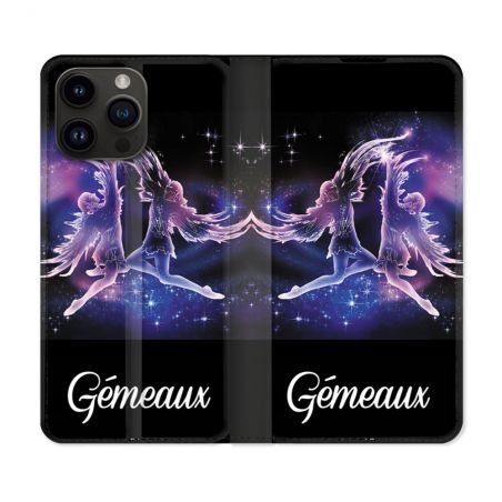 Housse Cuir Portefeuille Pour Iphone 16 Pro Plus Signe Zodiaque 2 Gémeaux