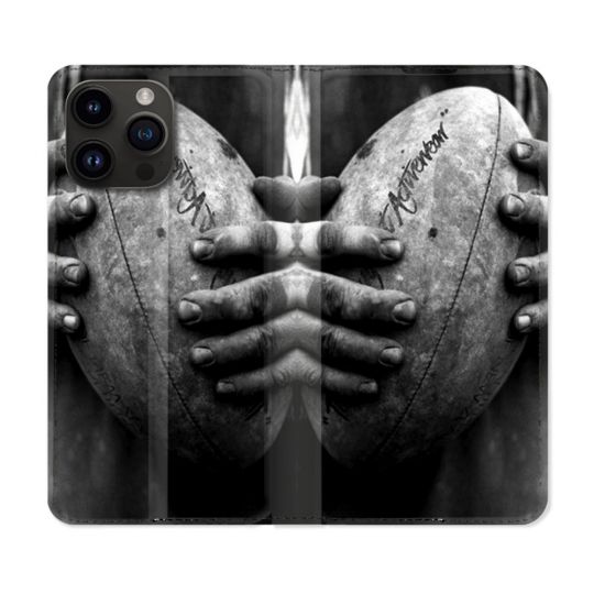 Housse Cuir Portefeuille Pour Iphone 16 Pro Plus Sport Rugby Ballon Vintage