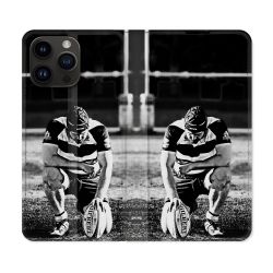 Housse Cuir Portefeuille Pour Iphone 16 Pro Plus Sport Rugby Noir Blanc