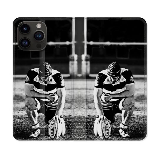 Housse Cuir Portefeuille Pour Iphone 16 Pro Plus Sport Rugby Noir Blanc