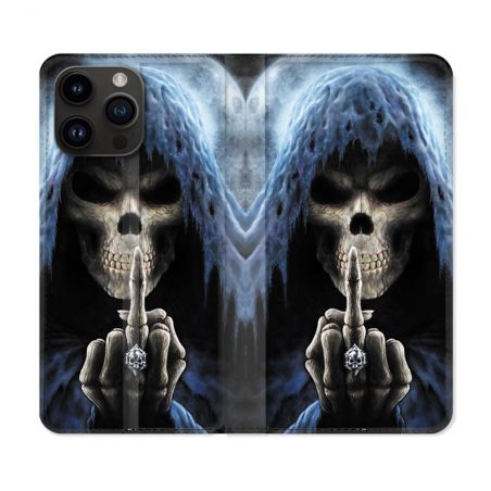 Housse Cuir Portefeuille Pour Iphone 16 Pro Plus Tete de Mort Doigt