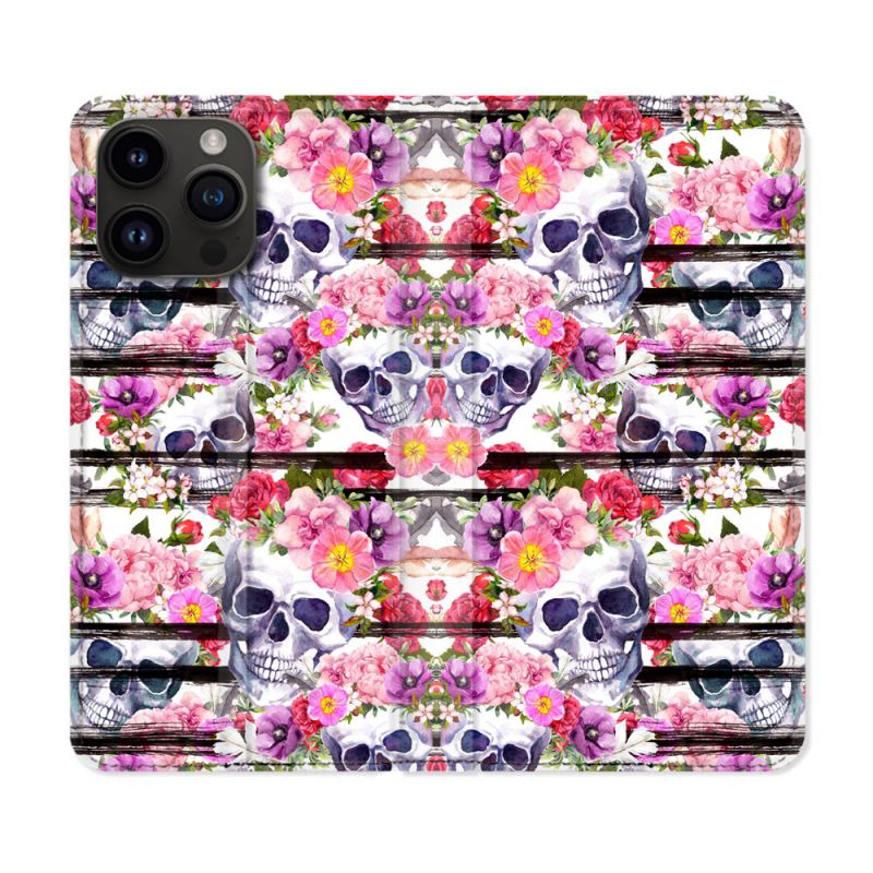 Housse Cuir Portefeuille Pour Iphone 16 Pro Plus Tete de Mort Pattern