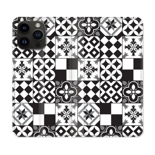 Housse Cuir Portefeuille Pour Iphone 16 Pro Plus Texture Carreau Ciment Noir