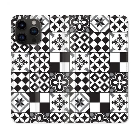 Housse Cuir Portefeuille Pour Iphone 16 Pro Plus Texture Carreau Ciment Noir