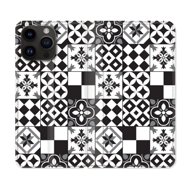 Housse Cuir Portefeuille Pour Iphone 16 Pro Plus Texture Carreau Ciment Noir