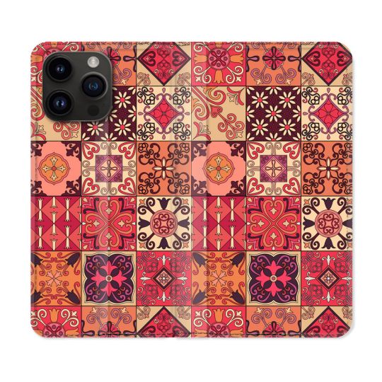 Housse Cuir Portefeuille Pour Iphone 16 Pro Plus Texture Carreau Ciment Rouge