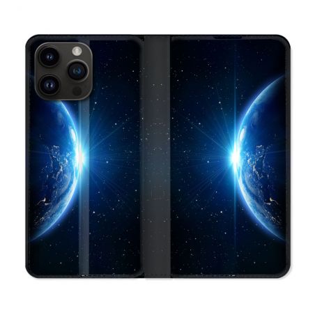 Housse Cuir Portefeuille Pour Iphone 16 Pro Plus Univers Planete Terre