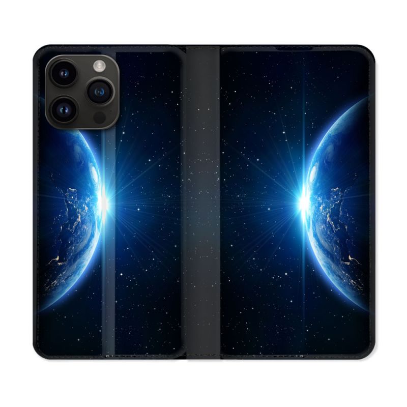 Housse Cuir Portefeuille Pour Iphone 16 Pro Plus Univers Planete Terre