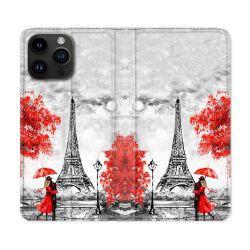 Housse Cuir Portefeuille Pour Iphone 16 Pro Plus Voyage France Paris Rouge