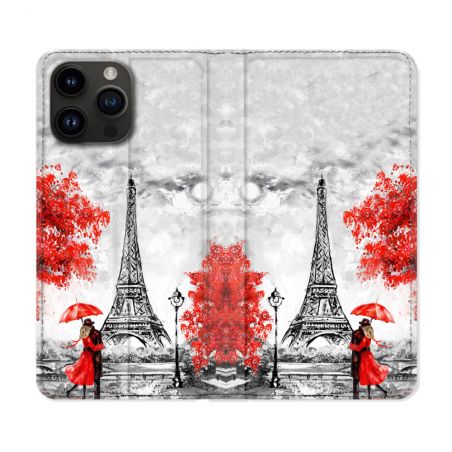 Housse Cuir Portefeuille Pour Iphone 16 Pro Plus Voyage France Paris Rouge