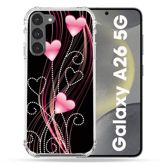 Coque renforcée Pour Samsung Galaxy A26 5G Amour Coeur Rose Montant sur Noir