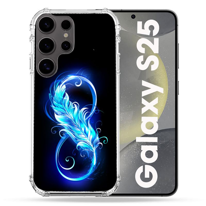Coque Renforcée Pour Samsung Galaxy S25 Texture Plume Infini Bleu