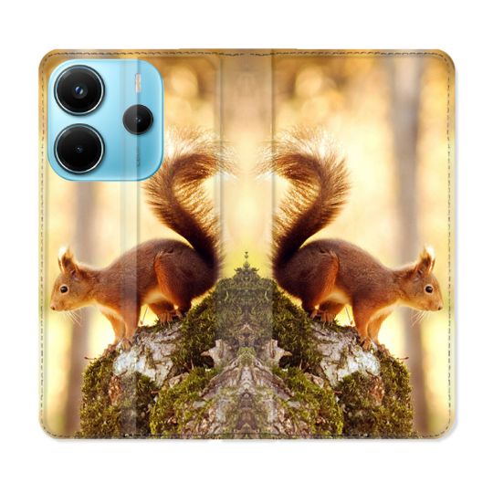 Housse Cuir Portefeuille Pour Xiaomi Redmi Note 14 4G Animal Ecureuil Bois