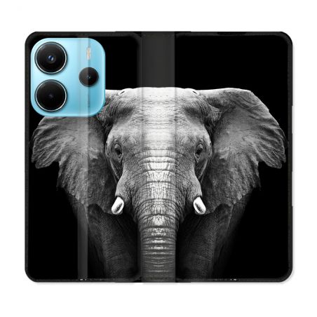 Housse Cuir Portefeuille Pour Xiaomi Redmi Note 14 4G Animal Elephant Noir
