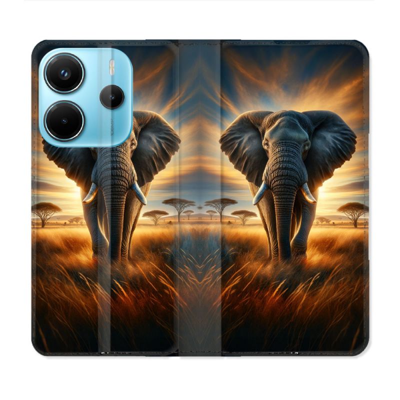 Housse Cuir Portefeuille Pour Xiaomi Redmi Note 14 4G Animal Elephant Savane