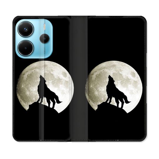 Housse Cuir Portefeuille Pour Xiaomi Redmi Note 14 4G Animal Loup Noir