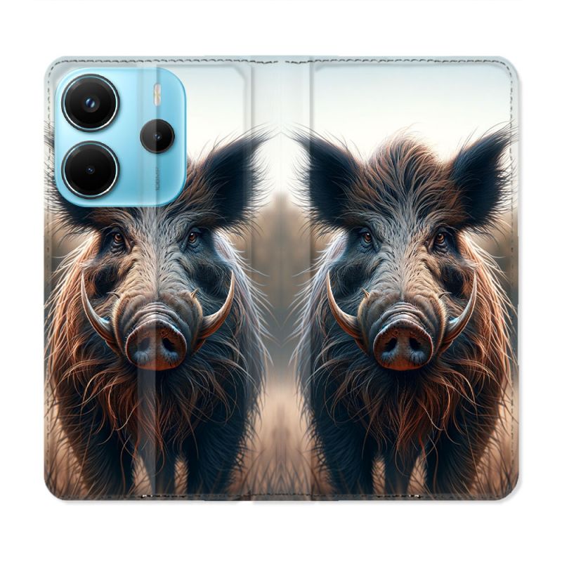 Housse Cuir Portefeuille Pour Xiaomi Redmi Note 14 4G Chasse Sanglier Attaque