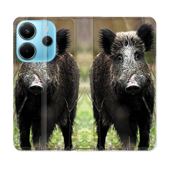 Housse Cuir Portefeuille Pour Xiaomi Redmi Note 14 4G Chasse Sanglier bois